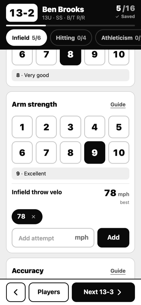 The grading screen: tap 1 to 10 for a skill and type a throwing velocity in the same card.